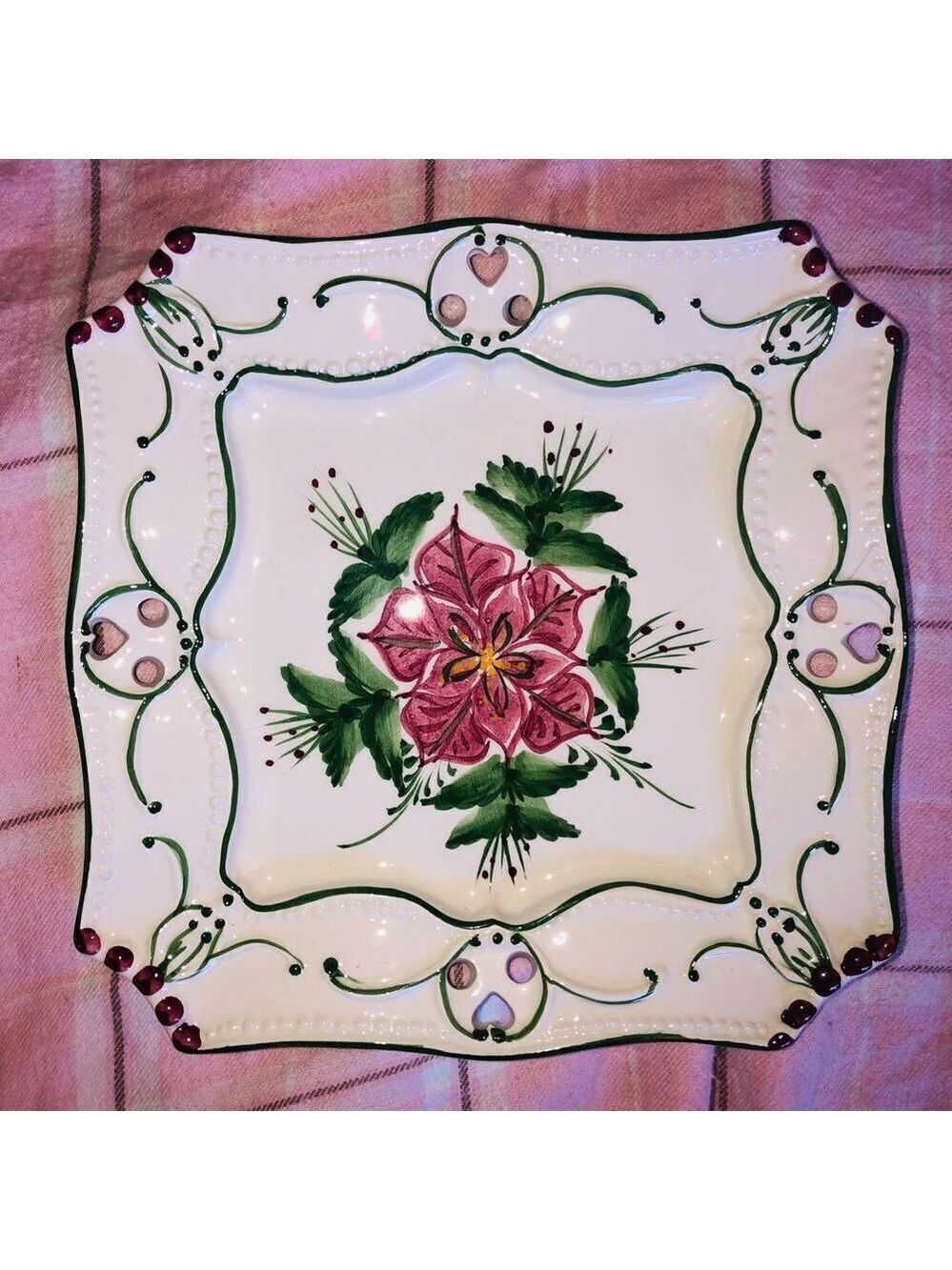 Vintage RCCL Hand Painted Floral Reticulated Square Plate W/Metal Wall Hanger